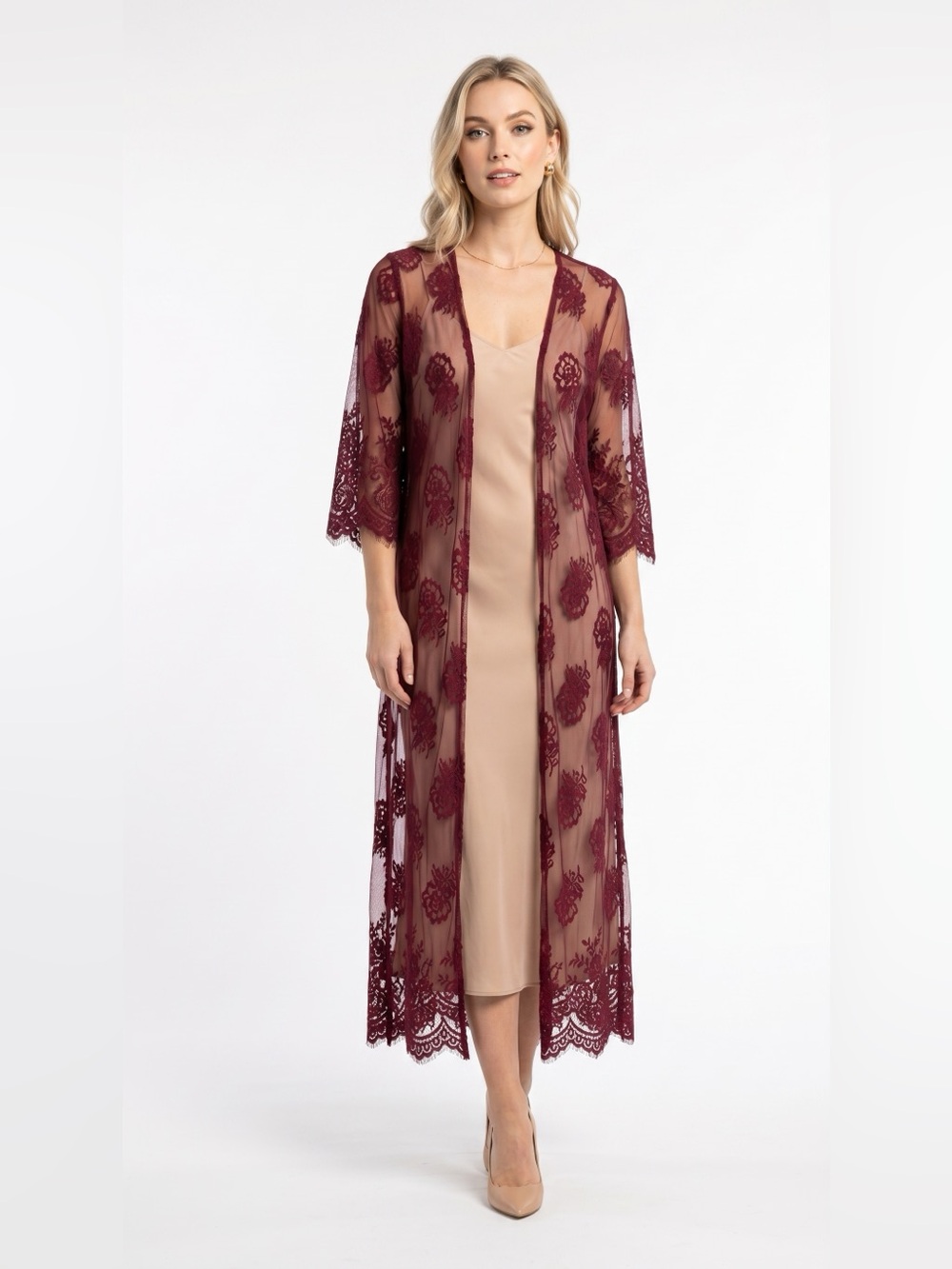 Fashion Nova Sheer Lace Long Kimono Robe in Burgundy